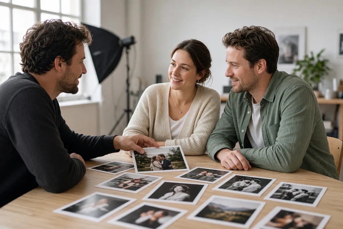 Fotograf omawia z klientami pakiet sesji i przykładowe odbitki w studiu