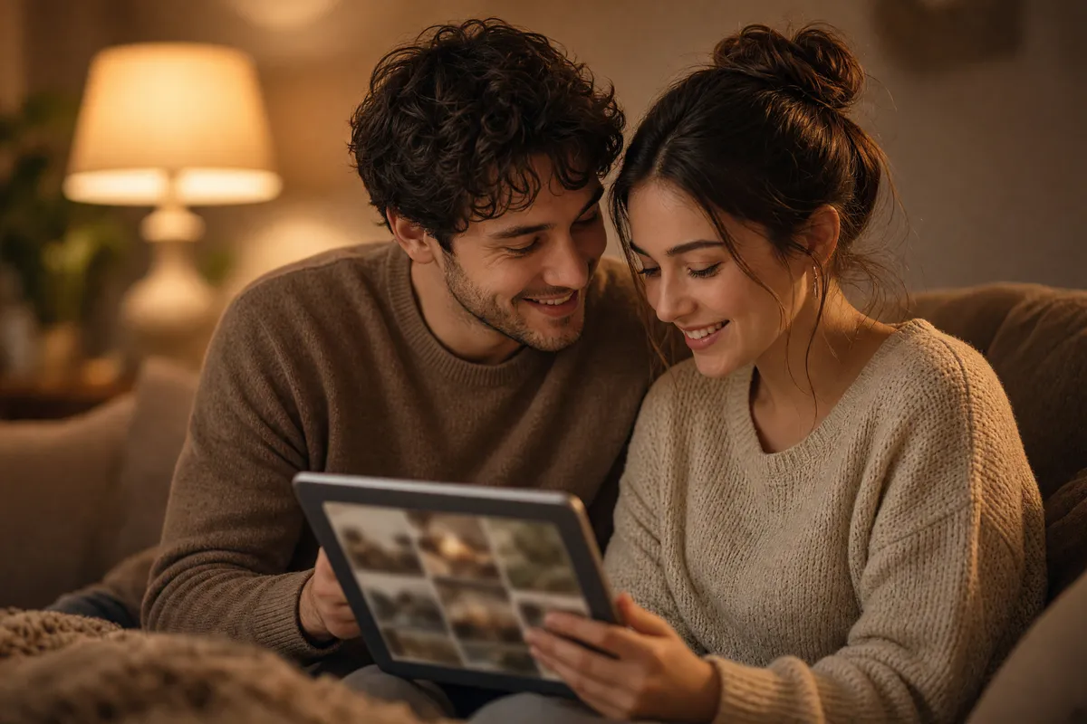 Para klientów wybiera ulubione zdjęcia z sesji w galerii online na tablecie