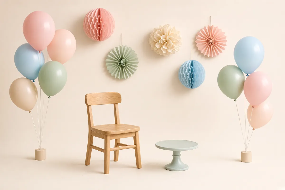Scenografia do sesji urodzinowej w studiu z pastelowymi balonami i krzesełkiem
